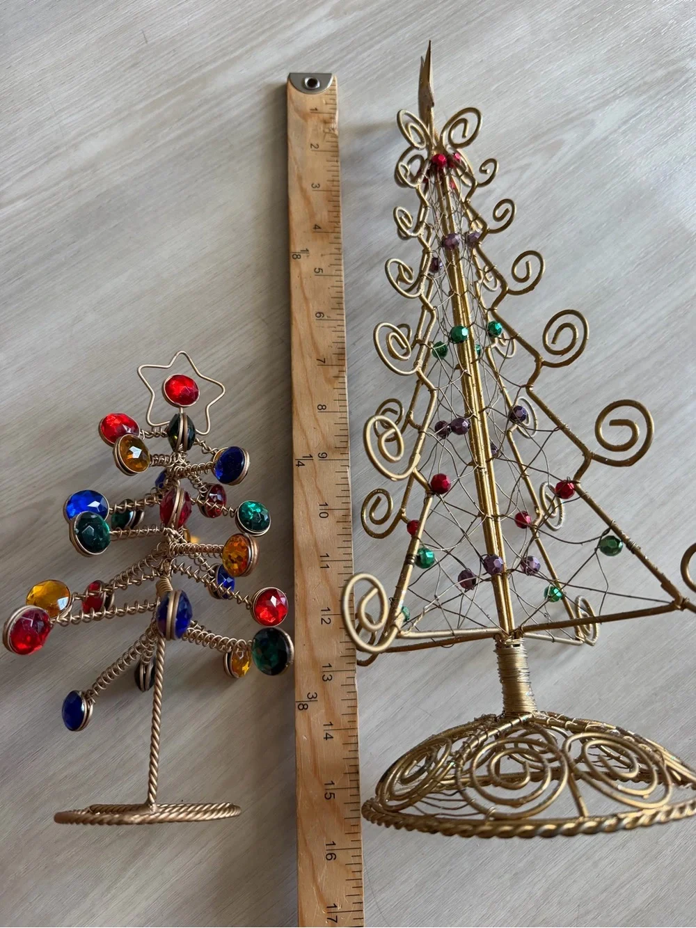 Vintage Metal Spiral Wire Christmas Trees Bead Faux Jewels Table Top Decor